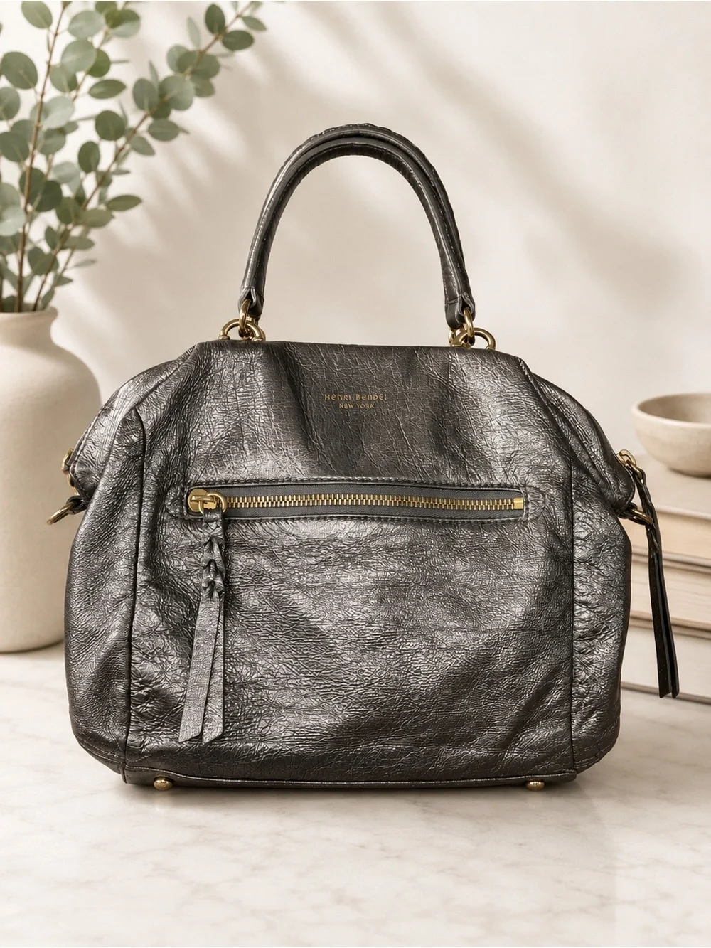 Henri Bendel Metallic Gunmetal Leather Satchel | Navy Satin Lining | Hangtag